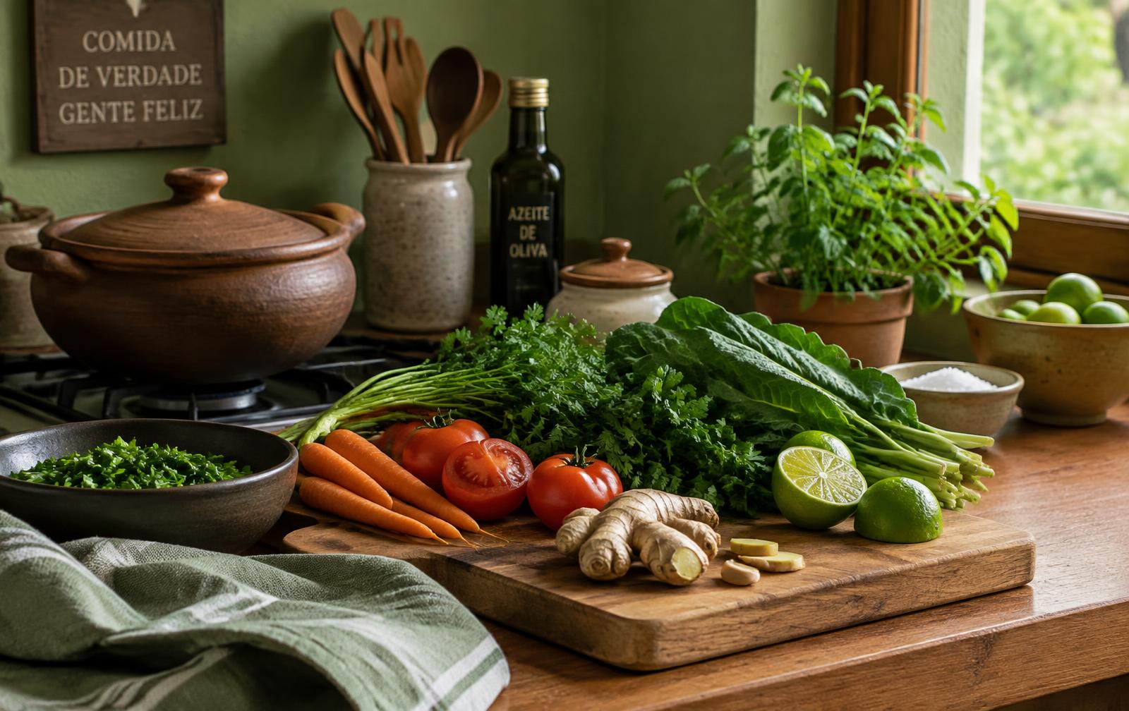 Bancada de cozinha com legumes frescos, ervas e panela de barro